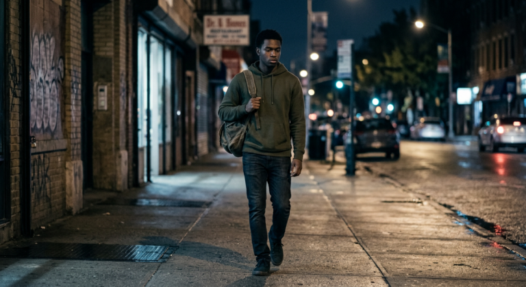 man walking in a city
